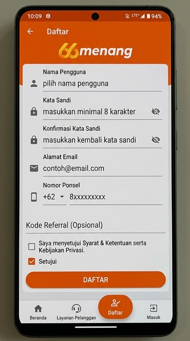 Tampilan halaman daftar 66menang